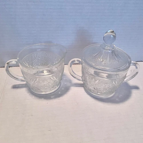 Vintage Anchor Hocking Sugar Bowl w/Lid and Creamer Set Clear Depression Glass