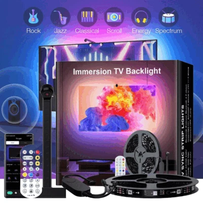 BEDEE 55-60" TV Backlight With Camera RGBIC LED Fish-eye Strip Light Sync App Room