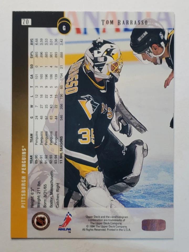 1994-95 Upper Deck #70 Tom Barrasso ~ Pittsburgh Penguins - Image 2 of 2