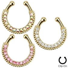 Clip On Fake Septum Clicker Non Piercing Nose Ring Hoop Gold Plated CZ