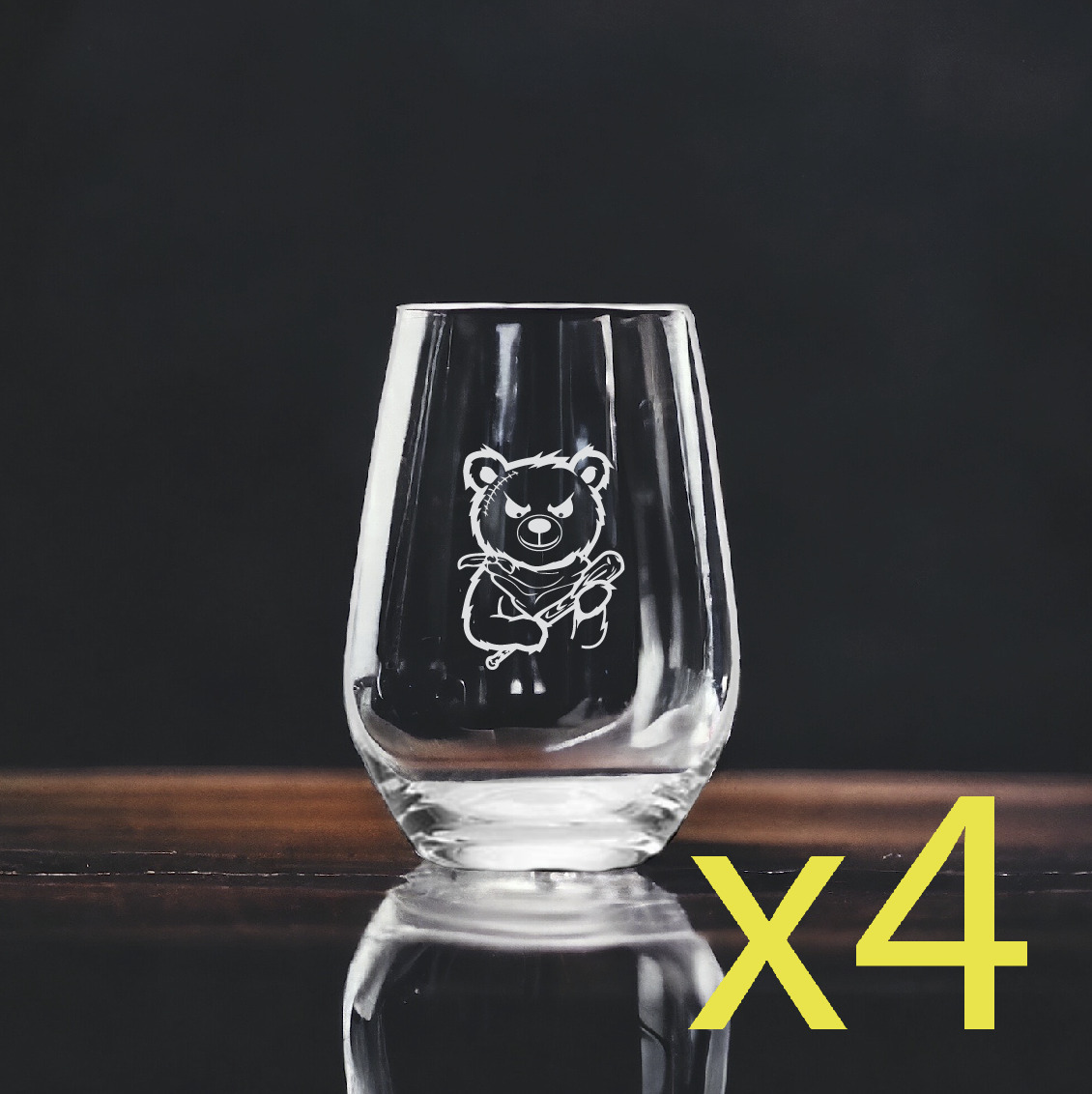 Teddy Bear Stemless Wine Glasses x4 Premium 15 Oz Personalize Baseball Bat NEW