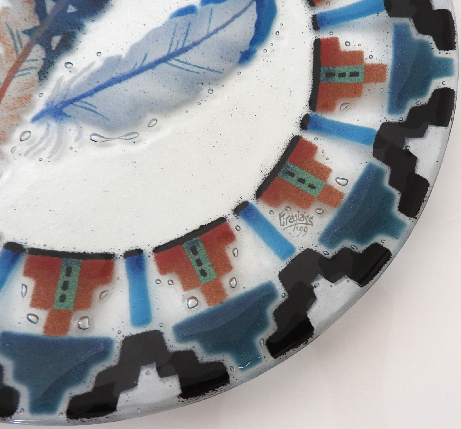 Vintage Fireglass Studio Handmade Fused Art Glass Feather Plate Signed/Dated '99