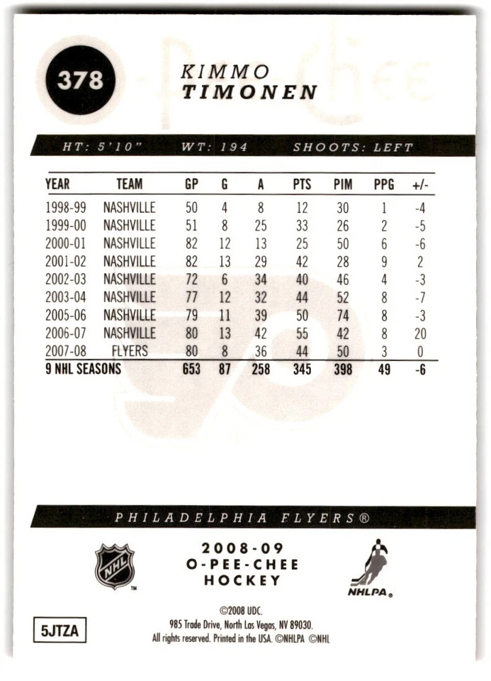 2008-09 O-Pee-Chee Metal Kimmo Timonen #378 Philadelphia Flyers - Image 2 of 2