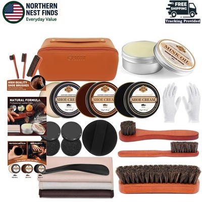 16PCS Leather Shoe Polish Kit,Shoe Shine Kit with Black/Brown Shoe Polish,Shoe B