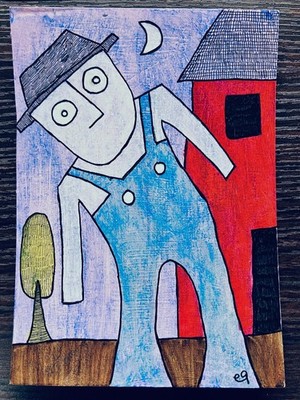 e9Art 5x7 'the permanent tilt of yet another Sunday' outsider art brut naive raw