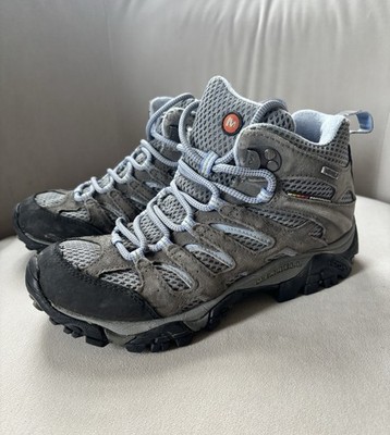 Merrell Women Moab Mid Waterproof Hiking Boots Grey Blue Size 6.5 Vibram