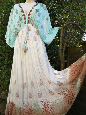 Sumintra Long Turquoise Aqua & Tan Silver Pinstripe Beaded Maxi Dress Free  Size | eBay UK