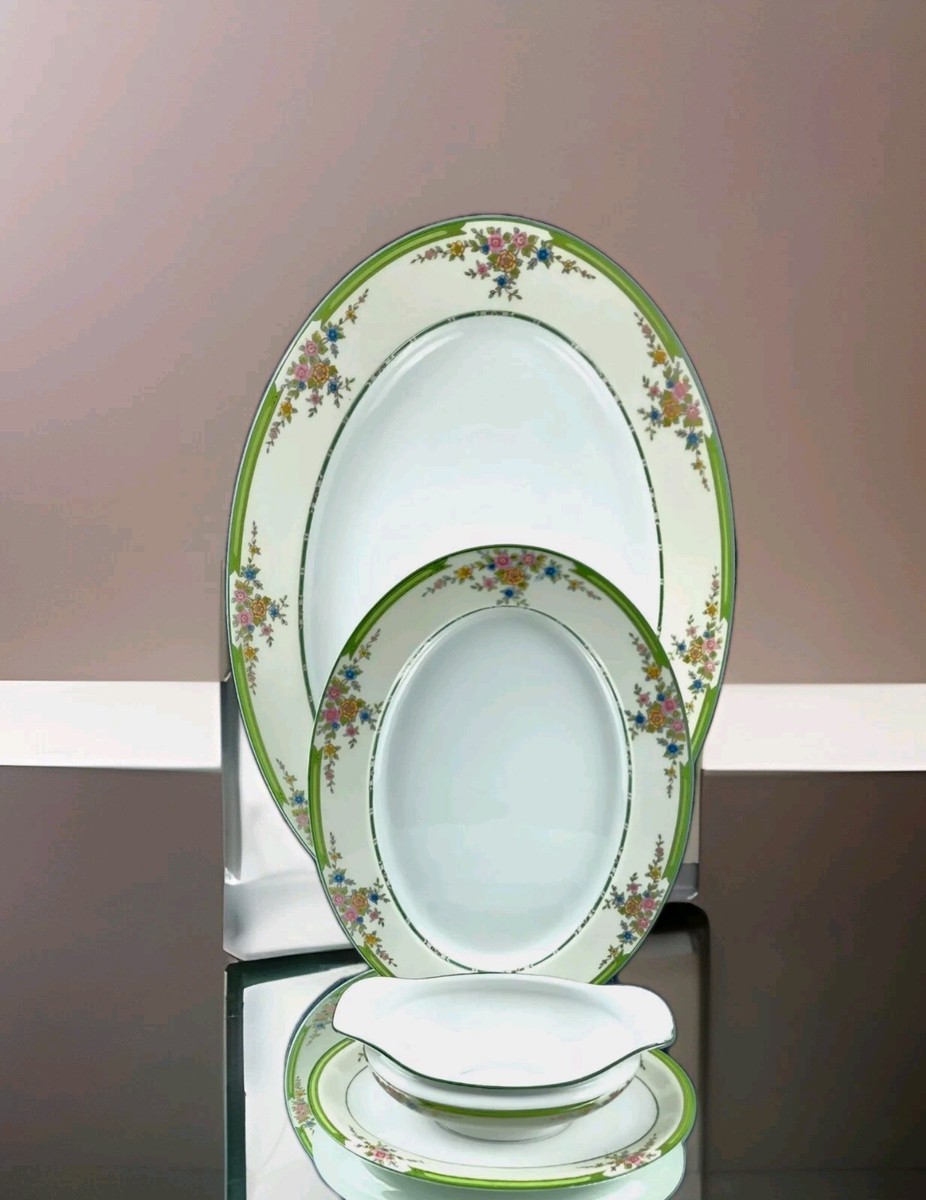 NORITAKE Pendarvis 88 Piece Dinnerware Set, Green Bands/Rim, Pink