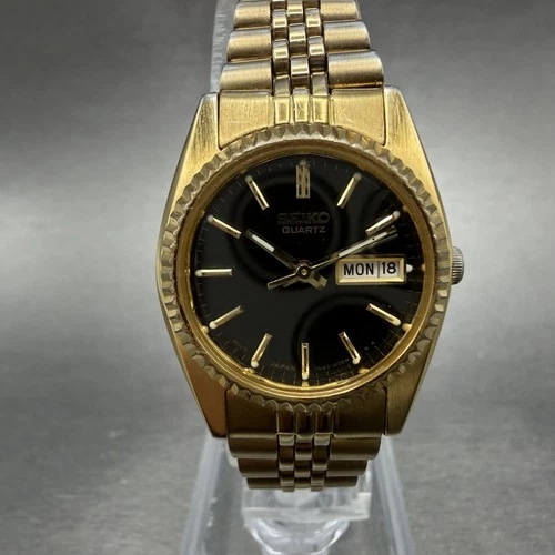 Seiko Watch Women 24mm Black Tone Gold Tone Daydate Round 7N83-0041 New Battery