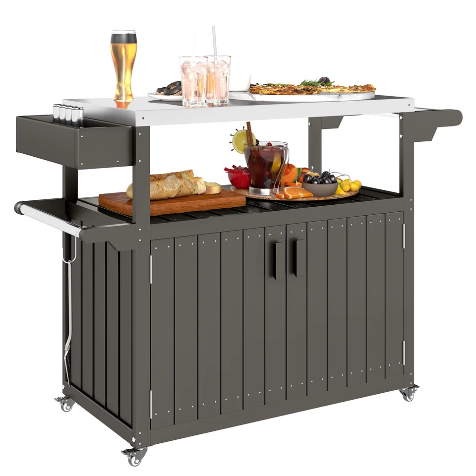 Outsunny Outdoor Bar Cart with Storage, HDPE Outdoor Kitchen Cart, Gray - Image 3 of 4