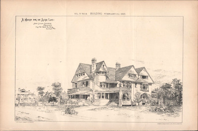 1886 JOHN CALVIN STEVENS antique 9x13 architectural rendering THREE-STORY HOUSE