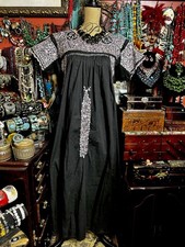 Beautiful 1970s Oaxaca Black Dress Multi Color Silk Pastel Embroidery In Sz L