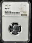 1943  1C Lincoln Wheat One Cent  NGC MS66  6811911-021