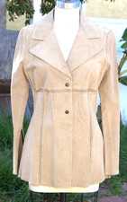 Vintage Suzy Shier Beige Suede Coat Bell Sleeves M Crochet Patch Leather