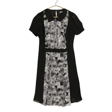 Marks & Spencer Pleated Dress Size UK 12 Black Grey Floral Panel Chiffon Office
