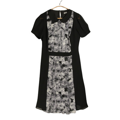 Marks & Spencer Pleated Dress Size UK 12 Black Grey Floral Panel Chiffon Office