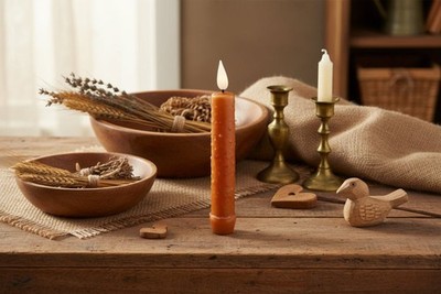 Primitive Rustic 6.25'' Orange Colored LED Taper Candle w/ Timer