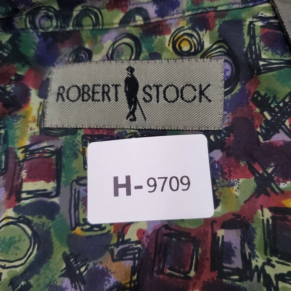 Camisa masculina Robert Stock com botões XL verde geométrica 100% seda manga curta LEIA - Imagem 2 de 4