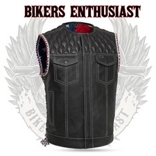 Men's Club Style Leather Vest American Flag Motorbike Leather Vest Diamond Vest