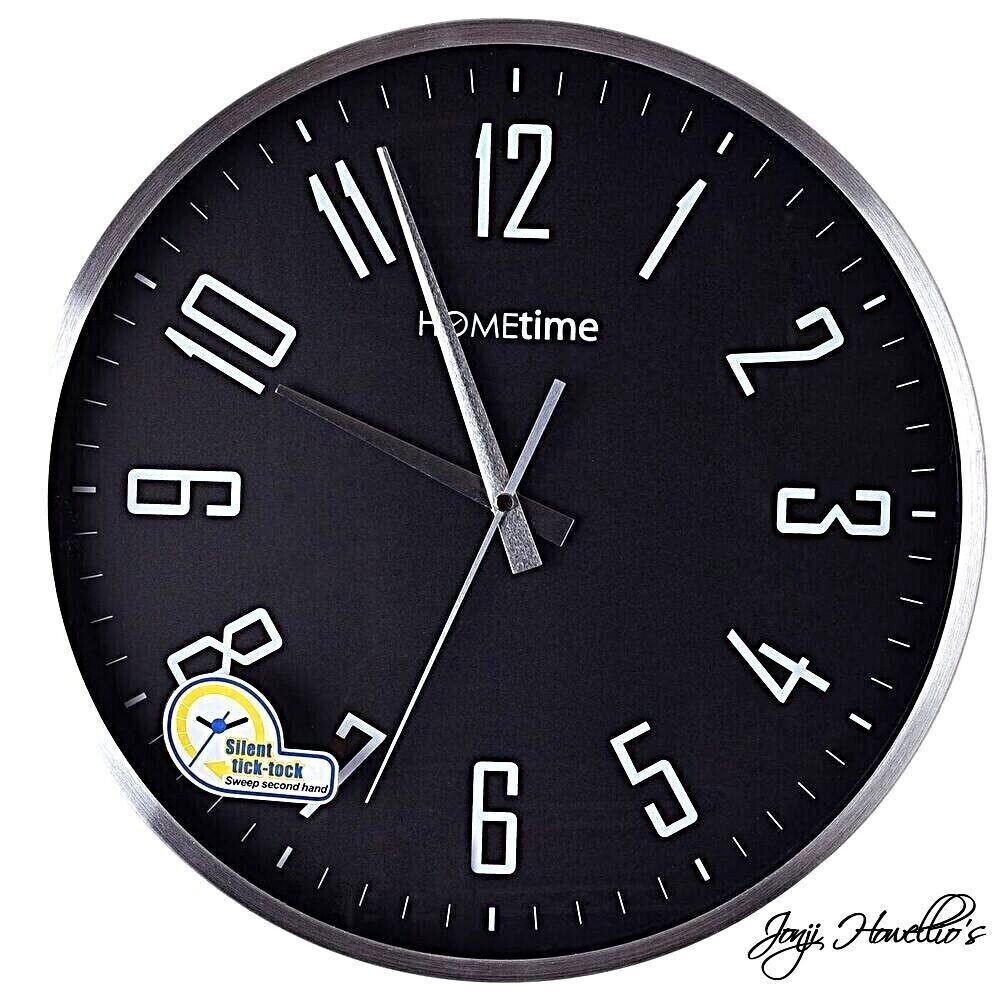 Black & Silver Wall Clock Silent Sweep Non-Ticking Round Large Modern clock 35cm