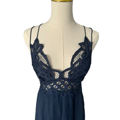 Free People Adella Lace Maxi Long Slip Dress Bohemian Blue Womens Size Small