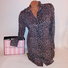 Victoria Secret Sleep Shirt XS Black Leopard Button Down Long Sleeve Pajama New
