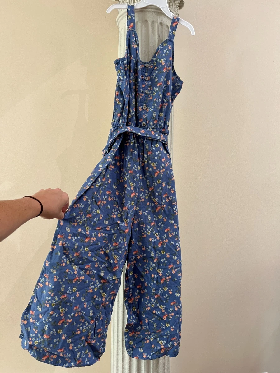 Justice Girls Romper Jumpsuit Blue W Floral Accents Belted NWT
