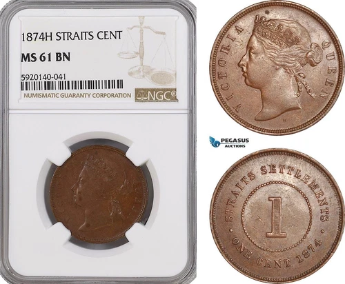 AG316, Straits Settlements, Victoria, 1 Cent 1874-H, Heaton, NGC MS61BN
