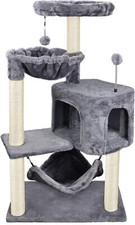 US Faux Fur Cat Tree with Cat Condo and Big Hammock and Scratching Posts Grey