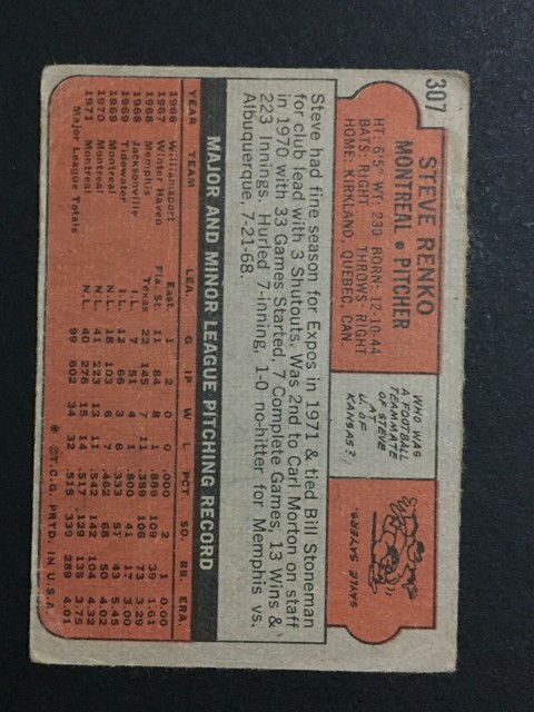 Steve Renko Expos Signed 1972 Topps Baseball Card 307 Auto Autograph 1 