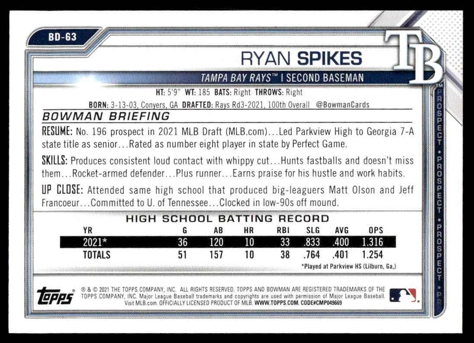 2021 Bowman Draft Ryan Spikes /199 Tampa Bay Rays #BD-63 - Image 2 of 2