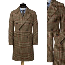 Men's Woolen Plaid Autumn Winter Coat Houndstooth Knee Length Overcoat Casual