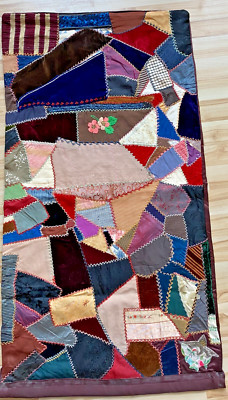 ATQ Crazy Quilt Tapestry 22x41 Hand-Stitched Display-Ready Victorian Craft c1890