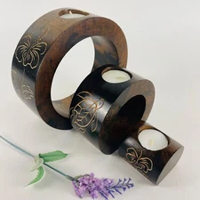 Hand-Carved Wooden Round Nesting Candle Holder set  With Turtle & Floral Design
