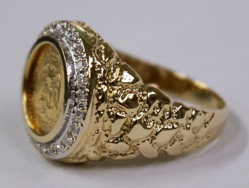 14k Gold Diamonds 1945 Dos Pesos Gold Coin Nugget Ring - Size 11 - 10.5gr - Picture 3 of 9