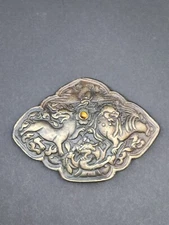Bergamot Brass Works Ornately Dragon Foo dogs w Tiger Eye Belt Buckle Has Damage