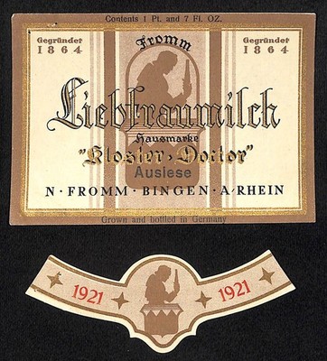 German Brauneberger Hausmarke  Schloss-Doctor  Wine Label 1921 w/ Neck Label (#2