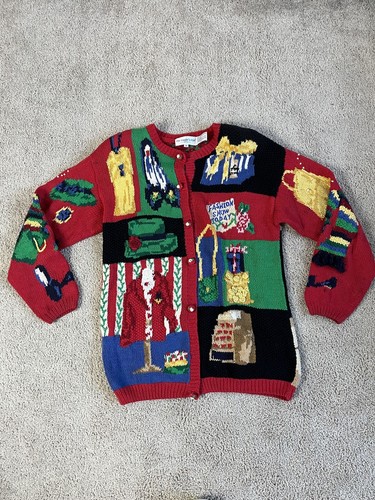 VTG The Eagles Eye Hand Knit 90s Sweater PatchWork Shopping Xmas Cardigan Sz M