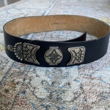 Black Leather High Waist Native American Style Silver Buckled Belt Size Small