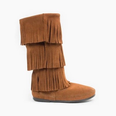 Minnetonka 1652 Brown Suede Fringe Knee High Boots Round Toe Flat Size 10