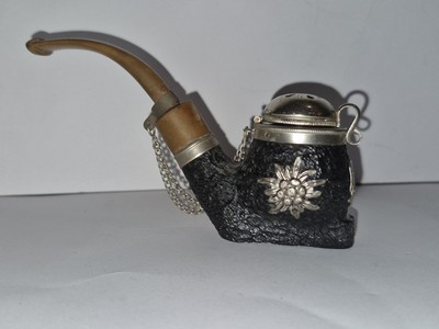 Vintage Schweizer BBK Pfeife mit Edelweißblumen, Stier, belüftetem Deckel und Kette