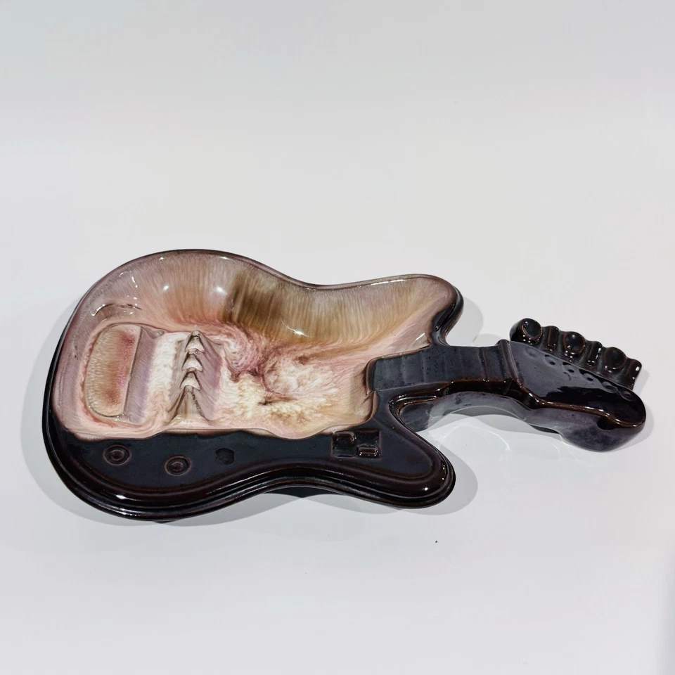 Vintage 70s Brinn's Brown & Pink Glaze Pottery Guitar Shaped Wall Hanging Decor - Image 3 of 4