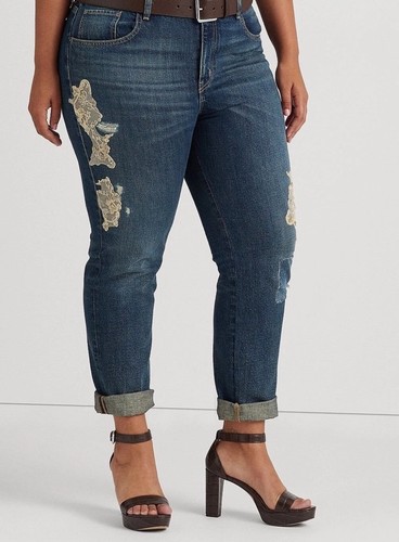 Lauren Ralph Lauren Lace Patchwork Relaxed Tapered Jeans Size 16, 33 Waist NWT