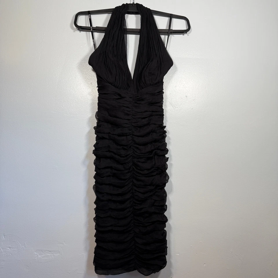 Vestido halter acanalado de seda Tadashi de colección años 90 negro ceñido al cuerpo cóctel midi se adapta a 2-4 Foto 2 de 4