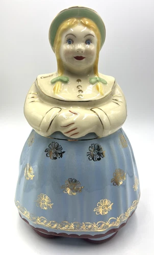 Vintage Cooky Dutch Girl Cookie Jar Gold Accents Flower Shawnee Pottery