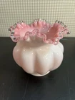 New ListingVintage Fenton Glass Peach Crest Mellon Vase Dish Bowl Round White and Pink