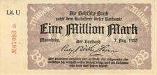 Mannheim Badische Bank 1 Million Mark 1923 leicht gebraucht Lit. U KN 5-st.