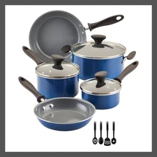 Farberware 12PC Ceramic Cookware Set Teal Gray Reliance Pro Pot Pan Glasss