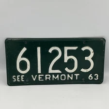 Vermont License Plate Tag 1963 61253 “See Vermont” Green