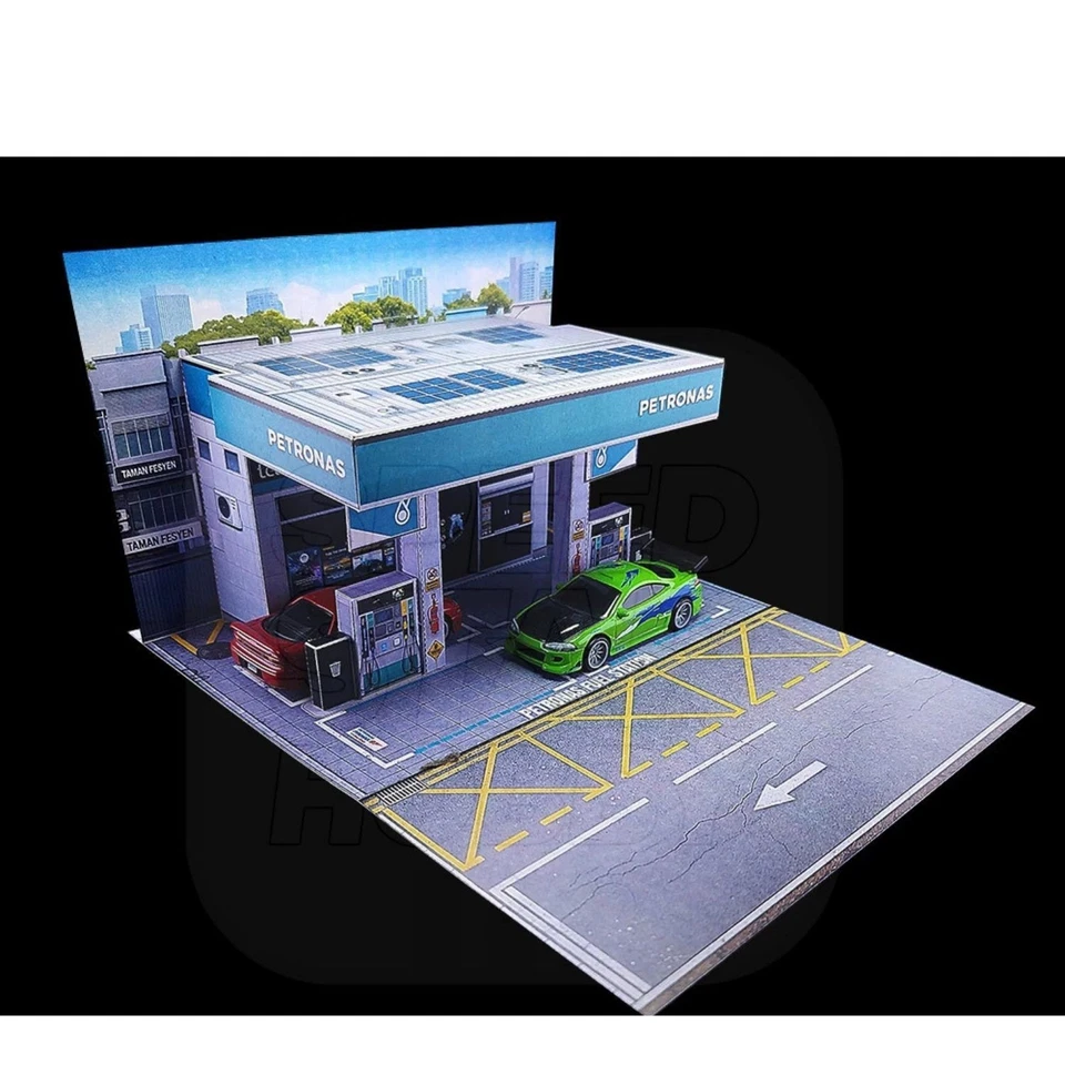 1:64 Scale Petronas Gas Station Diorama Garage Scene for Hot Wheels Matchbox Kit - Image 3 of 4